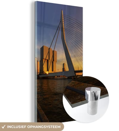 MuchoWow® Glasschilderij 20x40 cm - Schilderij acrylglas - Rotterdam - Zonsondergang - Erasmus - Foto op glas - Schilderijen