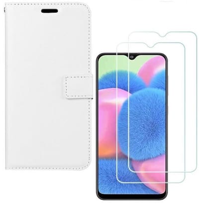 hoesje Geschikt voor: Samsung Galaxy A30S Portemonnee Wit met 2 stuks Glas Screen protector
