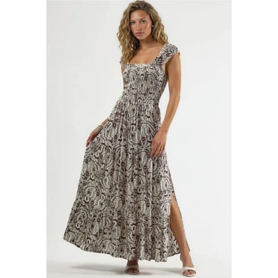 Paisley Print Maxi Jurk met Vierkante Kraag