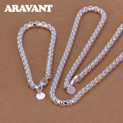 925 Zilver Mode Ronde Doosketting Armband Ketting Dames Sieradenset 45 and 20cm gray