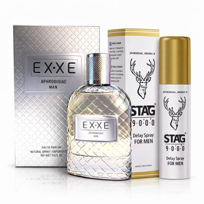 EXXE Aphrodisiac Man Parfum 100 ml + STAG 9000 Spray – Verleidelijke Herengeur om je Partner te Betoveren & Controle Spray voor Lange en Onvergetelijke Nachten