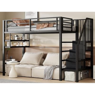 ModernLuxe Loftbed 90x200cm - met opbergtrap - met barrières - zwart (zonder matras)