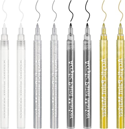 Acrylverf Stiften Set voor Stenen Beschilderen, Hout en Porselein - Metallic Kleuren - 8 Stuks - Fijne Punt - Textiel Marker Kit