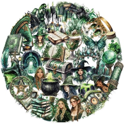 50 pièces Autocollants Sorcière de la Forêt, Autocollants Décoratifs DIY Imperméables Style Gothique Cool, Autocollants Rectangulaires en PET Finition Mate gray