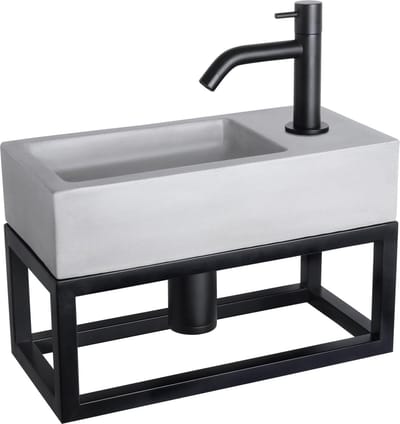 Differnz Ravo fonteinset - 38.5x18.5x25cm - Rechthoek - 1 kraangat - Gebogen matte zwarte kraan - met zwart frame - beton lichtgrijs