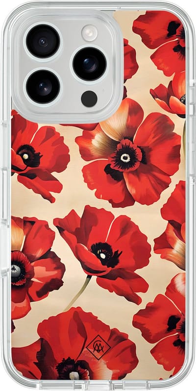 Casimoda® hoesje - Geschikt voor iPhone 16 Pro - Poppy Garden - 2-in-1 case - Schokbestendig - Bloemen - Verhoogde randen - Rood, Transparant
