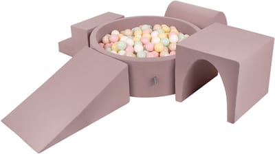 KiddyMoon Schuim speelplaats 4-delig met ballenbad 200 ballen - Foam hindernisbaan tunnel trap - Wasbare hoes - Heide: Pastelbeige Pastelgeel Wit Mint Poederroze