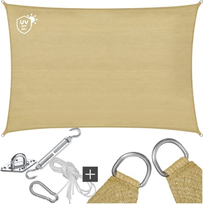 tectake® Rechthoekig Schaduwdoek Sunny - 4 x 6 m - Extra Stevig 185 g/m² HDPE Zonwering Doek - 50+ UV Bescherming - Weerbestendig en Scheurbestendig - Zonnescherm voor Tuin, Balkon, Terras - Zonnedoek inclusief Montagemateriaal - Zandkleur
