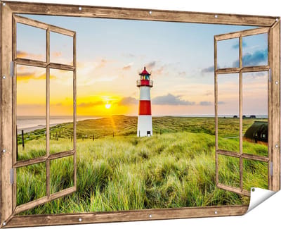 Gards Tuinposter Doorkijk Vuurtoren met Zonsopgang op een Eiland - 180x120 cm - Tuindoek - Tuindecoratie - Wanddecoratie buiten - Tuinschilderij