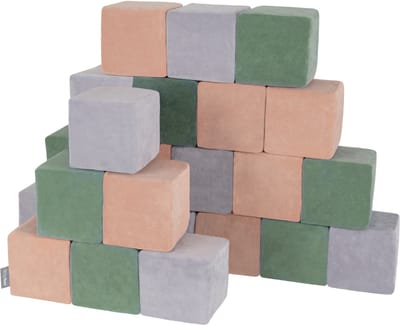 KiddyMoon foam kubussen voor baby van velours zachte blokken foam speelgoed montessori speelgoed met foam en veel plezier voor kinderen, made in the eu, 24 stuks, blokken:forestgreen-desertpink-