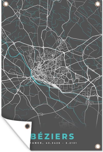 Muurdecoratie Béziers – Plattegrond – Frankrijk – Kaart – Stadskaart - 120x180 cm - Tuinposter - Tuindoek