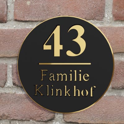 Naambordje voordeur - Huisnummerbord - Rond - 25 cm - zwart/goud - blinde bevestiging