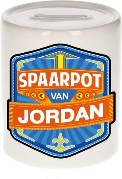 Bellatio Decorations Kinder spaarpot met naam - Jordan - keramiek - met dop - wit - Sparen - Spaargeld van Jordan