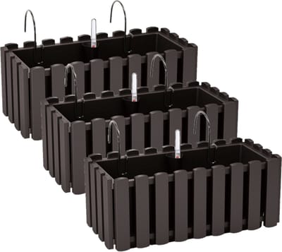 3x stuks fence-look plantenbak/bloembak - kunststof - 38 x 18 x 16 cm - antraciet - hangend - voor binnen en buiten