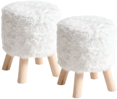 Atmosphera Bijzet krukje / zit krukje Teddy - 2x - houten pootjes - fluffy stof - wit - D30 x H39 cm - poefje