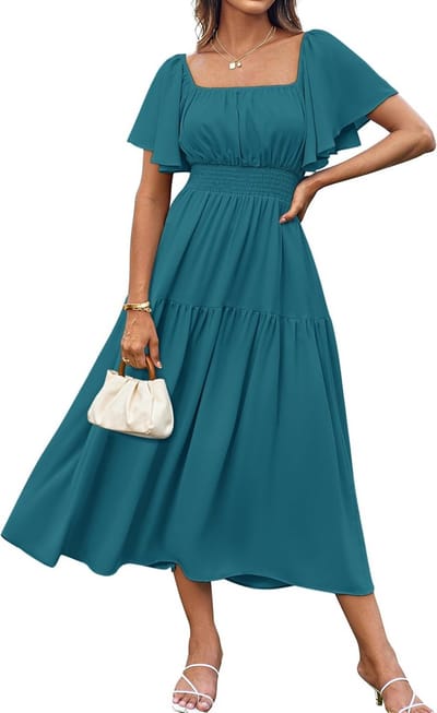 Elegante Lange Zomerjurk met Pofmouwen en Vierkante Hals