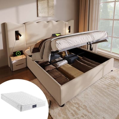 Gestoffeerd tweepersoonsbed 160x200 met leeslamp en USB Type-C oplaadfunctie, bedframe met opbergruimte en lattenbodem van massief hout en metaal, beige, linnen (inclusief matras)