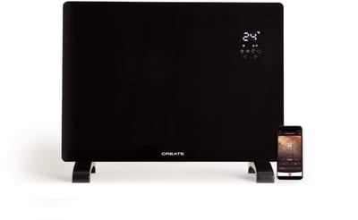 CREATE Glass Panel Heater 1500 Watt - Smart WiFi bediening via app - 2 Vermogens - Vrijstaand of wandmontage - Convectorkachel - Elektrische kachel - Paneelverwarming - Timer functie - IP 24 spatwaterdicht - Thermostaat 24 uur - Zwart - Warm Crystal
