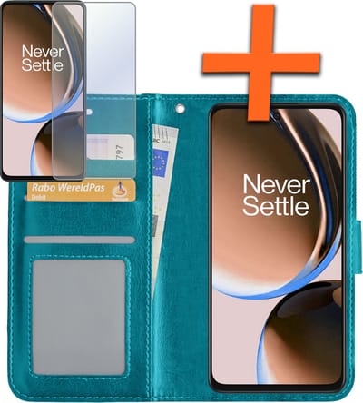 Hoes - Met Screenprotector - Geschikt voor OnePlus Nord CE 3 Lite - Luxe Pasjeshouder - Bookcase Portemonee - Flip Case - Kunstleer Book Case - Flipcase - Book Cover - Walletcase - PortemonneeHoes - Turquoise