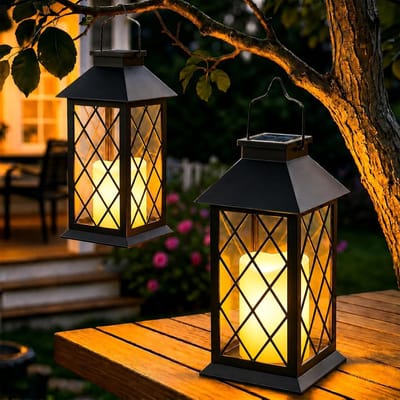 Zonne-energie Lantaarns Set van 2, Flikkerende Kaarsen Lantaarns voor Buiten, Tuin, Balkon en Terras Decoratie in Zwart