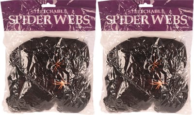 Faram Decoratie spinnenweb/spinrag met spinnen - 4x - 20 gram - zwart - Halloween/horror thema versiering