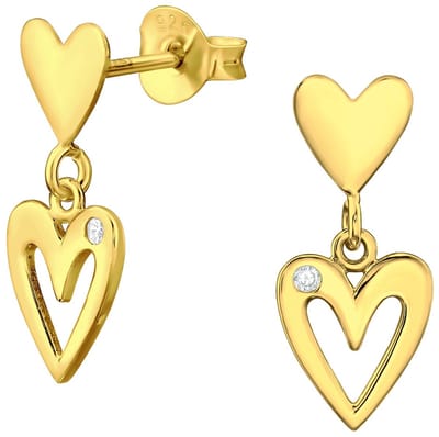 Joy|S - Zilveren hartje met hartje bedel oorbellen - 7 x 15 mm - zirkonia - sterling zilver 925 - gold plated