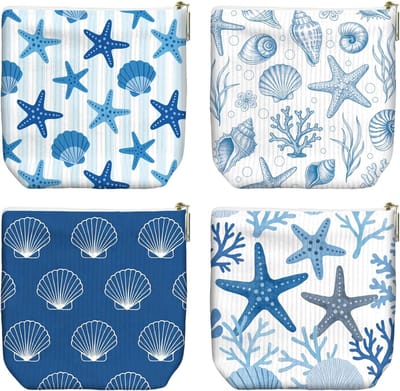 Set van 4 kleine corduroy make-uptassen voor dames met draagbare cosmetica en toilettas, Zeesterren, schelpen en koralen, ideaal voor reizen en handtassen