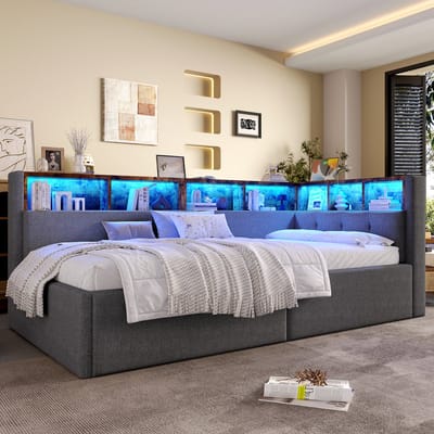Slaapbank 90 x 200 cm - USB-C aansluiting - met opbergruimte - met LED-verlichting - zonder matras - grijs