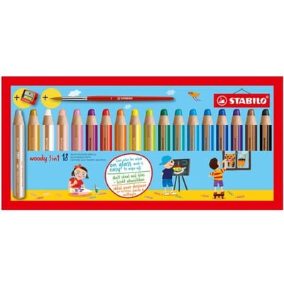 STABILO woody 3 in 1 - Multi Talent Kleurpotloden - Etui Met 18 Kleuren, Puntenslijper & Penseel
