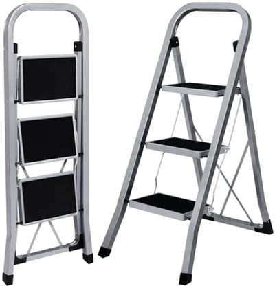Trapladder met 3 Treden - Inklapbare Keukenladder tot 150 kg Draagvermogen - Antislip en Ruimtebesparend Ontwerp