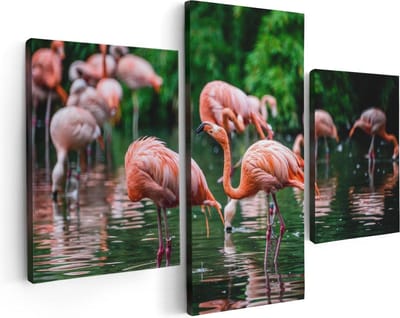Artaza Canvas Schilderij Drieluik Kudde Flamingo's in de Jungle in het Water - 90x60 - Foto Op Canvas - Canvas Print