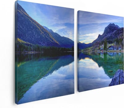 Artaza Canvas Schilderij Tweeluik Meer Met Weerkaatsing In De Bergen - 120x80 - Foto Op Canvas - Canvas Print