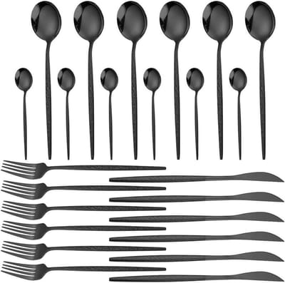 Bestekset 4 Personen - Serviesset Keuken - Tafel Dekken - Gehamerd Patroon - 24 Delig - Zwart