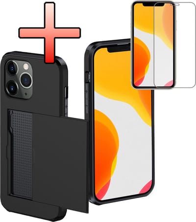 Hoes Geschikt voor iPhone 11 Pro Hoesje Pasjeshouder Hard Cover Met Screenprotector Shock Proof Hard Case Hoes Met Kaarthouder - Zwart