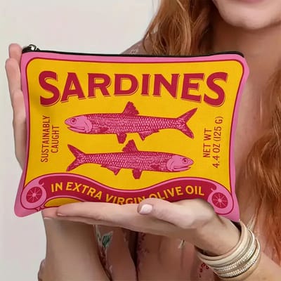 Retro Sardines Make-up Etui - Unisex Polyester Toilettas met Rits, Hypoallergeen en Trendy Visblikprint