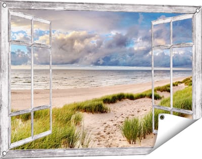 Gards Tuinposter Doorkijk Strand en Duinen met Bewolking - 90x60 cm - Tuindoek - Tuindecoratie - Wanddecoratie buiten - Tuinschilderij