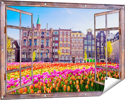 Gards Tuinposter Doorkijk Amsterdamse Huisjes met Tulpen - Kleur - 120x80 cm - Tuindoek - Tuindecoratie - Wanddecoratie buiten - Tuinschilderij