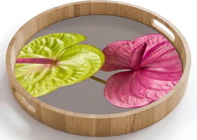 Dienblad rond 40x40 cm - Schootdienblad hout - Planten - Anthurium - Groen - Roze - Borrelplank rechthoek - Plateau houten dienbladen