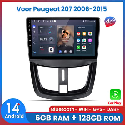 Awesafe 6+128GB Android14 Carplay Autoradio - Geschikt Voor Peugeot 207 2006-2015 - Draadloze Carplay Android Auto - Touchscreen - GPS Navigatie 4G WiFi - Bluetooth Radio