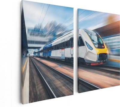Artaza Canvas Schilderij Tweeluik Trein bij het Station - 80x60 - Foto Op Canvas - Canvas Print