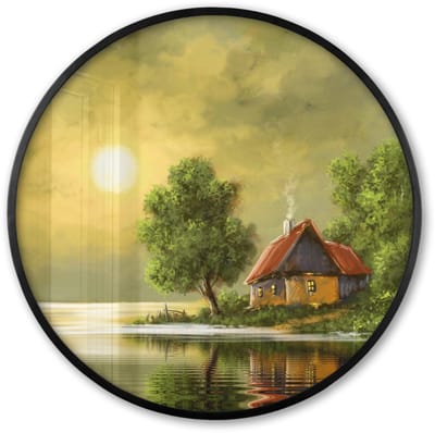 Poster in lijst Rond - Fotolijst 60x60 cm - Posters - Schilderij - Olieverf - Huis - Natuur - Water - Ronde posterlijst zwart - Decoratie - Wanddecoratie woonkamer - Muurdecoratie slaapkamer