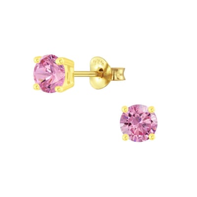 Joy|S - Zilveren 5 mm rond oorbellen - zirkonia roze - gold plated