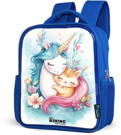 NoBoringSuitcases.com® - Rugzak blauw - Schooltas jongens - Eenhoorn met blauwe manen en oranje kitten - Kinder rugtas jongen - Boekentas kind - Kinderrugzak voor school - Schoolrugzak