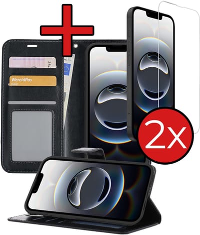 Hoesje - Met 2x Screenprotector - Geschikt voor Apple iPhone 16e / 17e - Luxe Pasjeshouder - Flip Case - Bookcase Portemonee - Kunstleer Book Case - Flipcase Hoes - Book Cover - Walletcase - Portemonneehoes - Telefoonhoes - Zwart