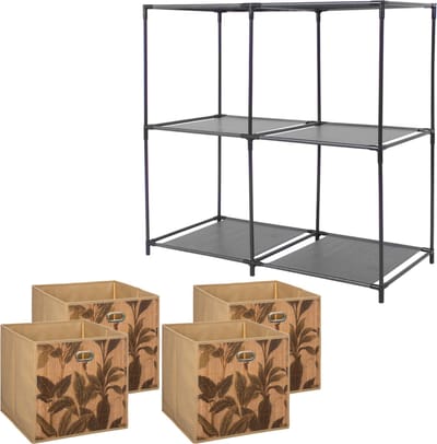 5Five Kastmandjes/opberg manden - lichtbruin print - 4x van 29 Liter - Metalen rekje is 68 x 70 cm
