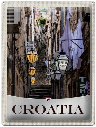 Blechschild Reise 30x40cm Kroatien Altstadt Treppen Laterne