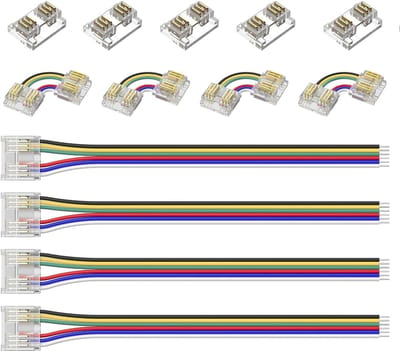 Thijox - 12 mm 6-pins RGB+CCT COB LED-connector kit - 5 stripconnectoren, 4 L-vormige hoeken, 4x 10 cm draadextensions - Compatibel met FCOB LED-strip