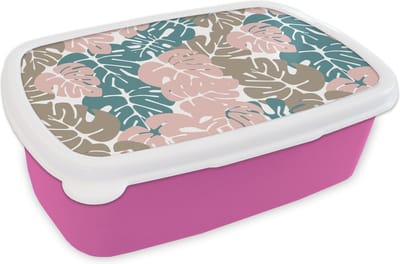 Broodtrommel Roze - Lunchbox - Brooddoos - Monstera - Jungle - Patronen - Pastel - Bladeren - 18x12x6 cm - Kinderen - Meisje