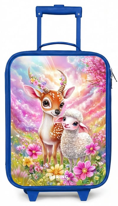NoBoringSuitcases.com® - Kinderkoffer blauw - Kindertrolley jongen - Hertje met een lammetje in pastelbloemenveld - Koffer kind lichtgewicht - Reiskoffer trolley voor kinderen - Koffertje met lichtgevende wieltjes - Rolkoffer