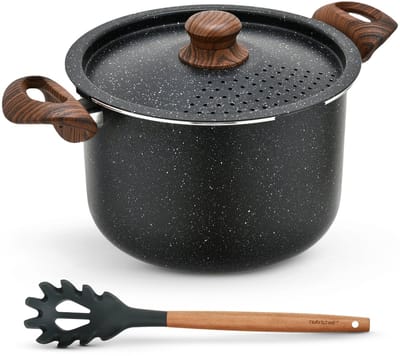 NutriChef Pasta Pot - 5L Pasta Pan met Vergietdeksel & Pastalepel – Antiaanbak - Zwart Marmer